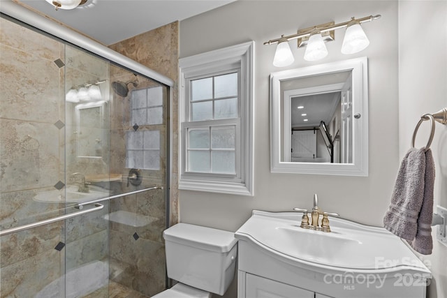 2418 Ainsdale Rd, Charlotte, NC 28226 - bathroom with vanity, a stall shower, and toilet
