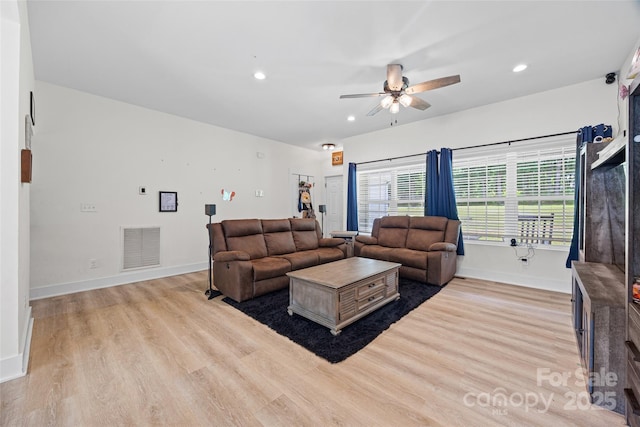 1009 Rainbow Cir, Catawba, SC 29704 - living room featuring a ceiling fan, baseboards, light wood finished floors, and recessed lighting