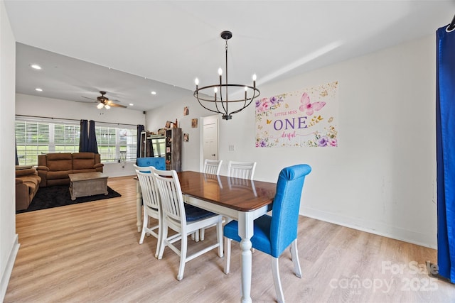 1009 Rainbow Cir, Catawba, SC 29704 - dining room with light wood finished floors, a chandelier, recessed lighting, ceiling fan, and baseboards