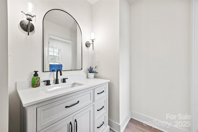 1009 Rainbow Cir, Catawba, SC 29704 - bathroom with baseboards, wood finished floors, and vanity