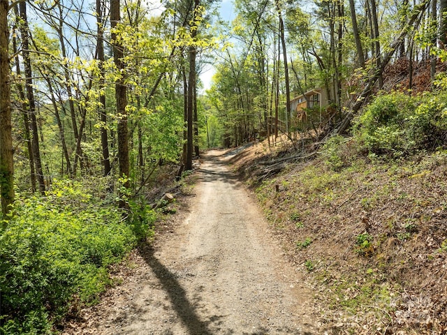 view of street with a wooded view