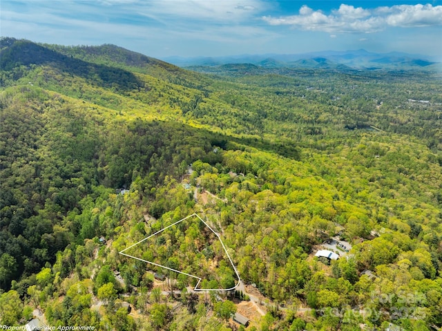 aerial view featuring a wooded view and a mountain view
