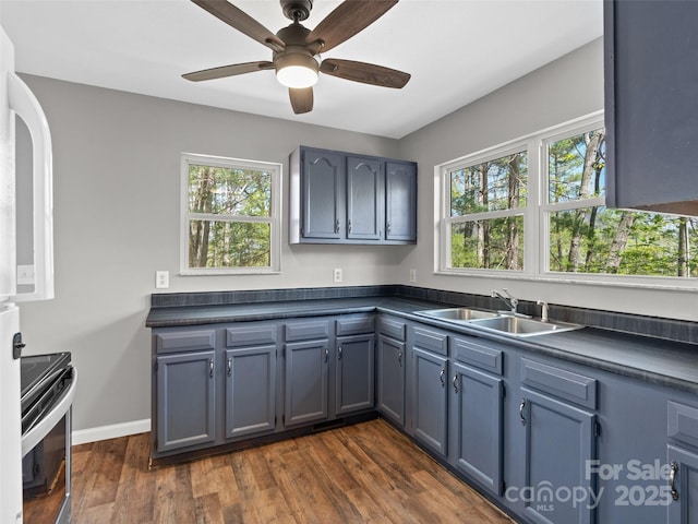 kitchen with plenty of natural light, a sink, dark countertops, and stainless steel electric range oven