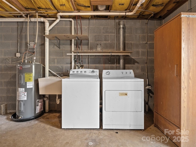 laundry area with water heater, laundry area, a sink, and washing machine and clothes dryer