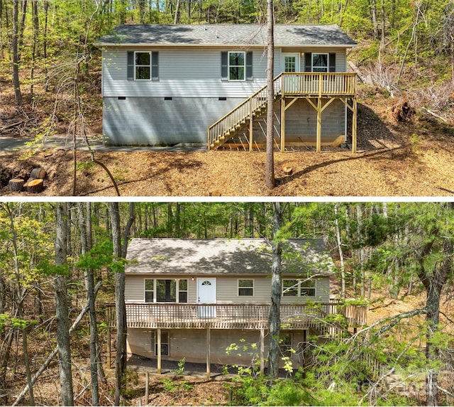 back of property featuring crawl space, roof with shingles, a deck, a wooded view, and stairs