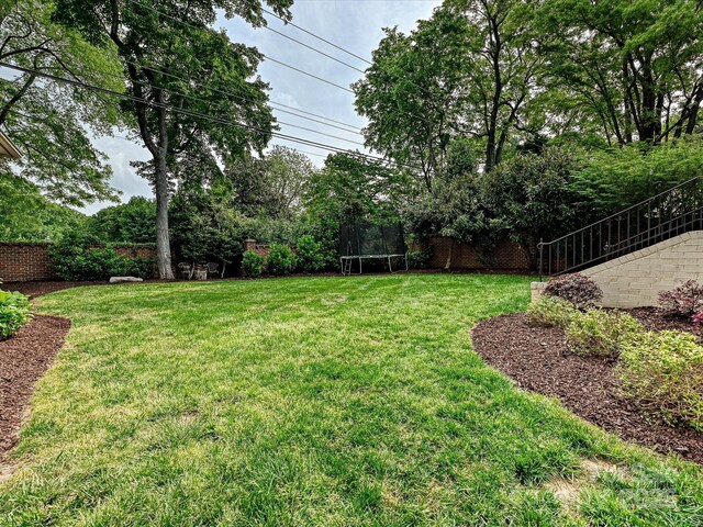 view of yard with a fenced backyard and a trampoline