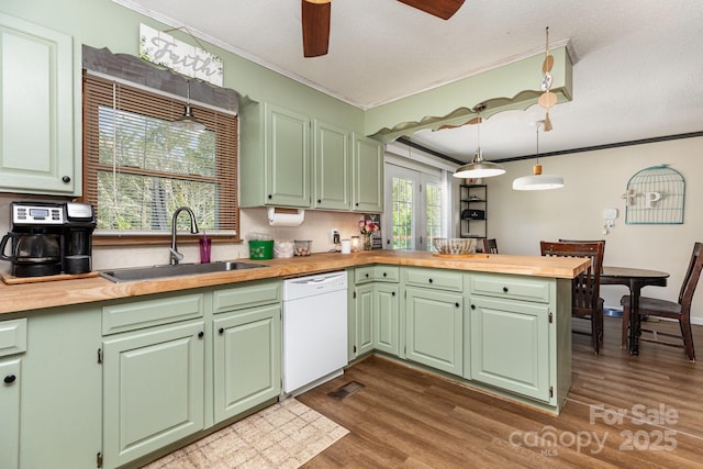 3603 Ken Mcentire Rd, Lawndale, NC 28090 - kitchen with white dishwasher, crown molding, a sink, a ceiling fan, and wooden counters