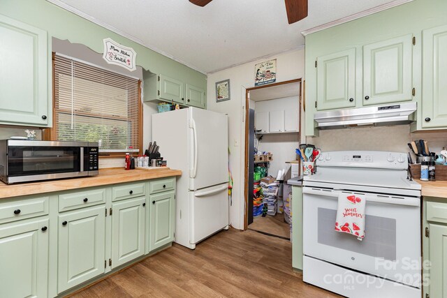 3603 Ken Mcentire Rd, Lawndale, NC 28090 - kitchen with under cabinet range hood, white appliances, crown molding, ceiling fan, and green cabinets