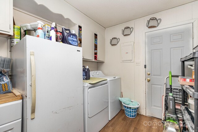 3603 Ken Mcentire Rd, Lawndale, NC 28090 - washroom with independent washer and dryer, cabinet space, wood finished floors, electric panel, and crown molding