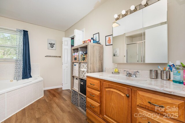3603 Ken Mcentire Rd, Lawndale, NC 28090 - bathroom featuring vanity, wood finished floors, a stall shower, and a bath