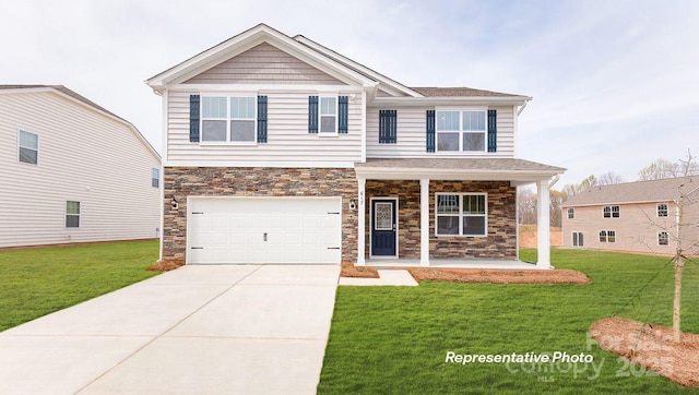 1356 Secrest Commons Dr, Monroe, NC 28112 - craftsman house with an attached garage, stone siding, a front yard, and covered porch