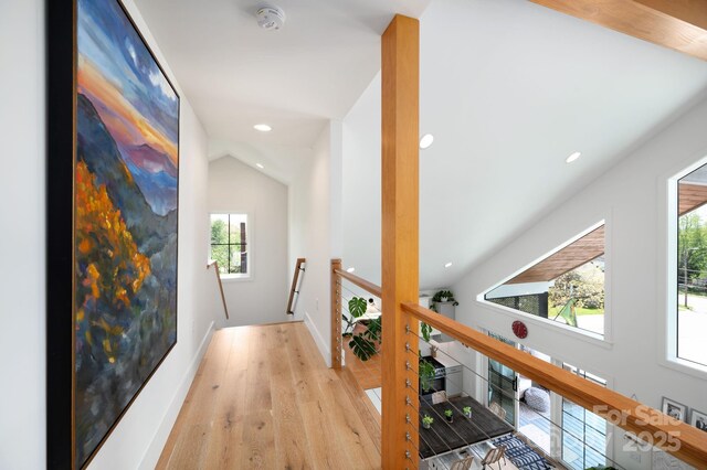 103 Pennsylvania Ave, Asheville, NC 28806 - corridor with an upstairs landing, light wood-style floors, recessed lighting, baseboards, and vaulted ceiling
