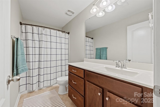 full bath with vanity, toilet, tile patterned flooring, a shower with shower curtain, and visible vents