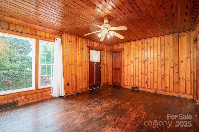 spare room featuring wood walls, visible vents, and dark wood-type flooring