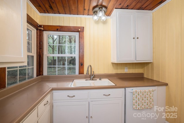 kitchen featuring a sink, wood ceiling, dishwasher, and white cabinets