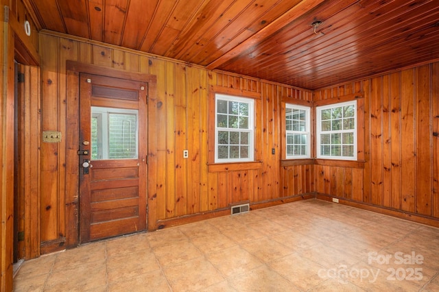 unfurnished room featuring visible vents, wood ceiling, baseboards, and wooden walls