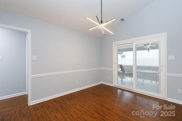 1455 Fieldcrest Cir, Rock Hill, SC 29732 - spare room with lofted ceiling, baseboards, visible vents, and dark wood-style floors