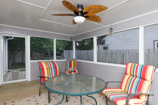 1455 Fieldcrest Cir, Rock Hill, SC 29732 - sunroom featuring a wooden deck, outdoor dining space, wood finished floors, and ceiling fan