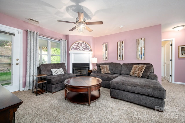 206 Carrington Pl, Arden, NC 28704 - living room with visible vents, ceiling fan, and carpet flooring