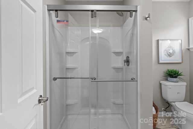 bathroom featuring toilet and a stall shower