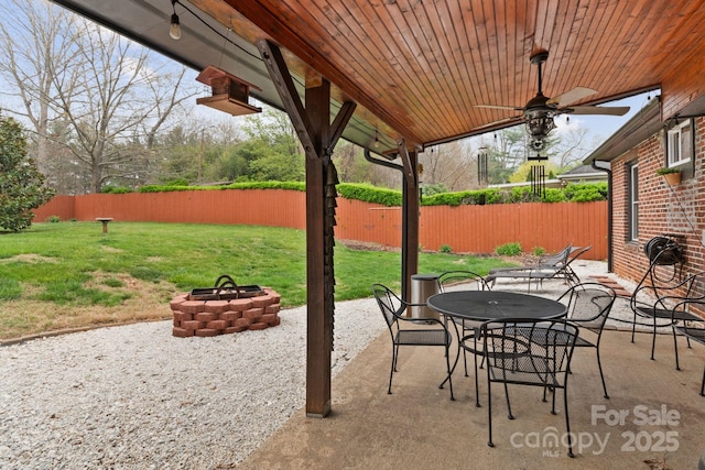 24 Enka Orchard St, Candler, NC 28715 - view of patio with a fire pit, outdoor dining space, a ceiling fan, and a fenced backyard