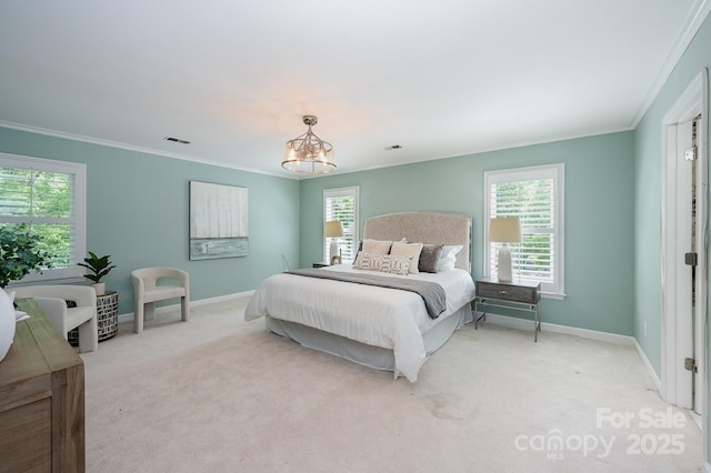 bedroom with carpet, visible vents, crown molding, and baseboards