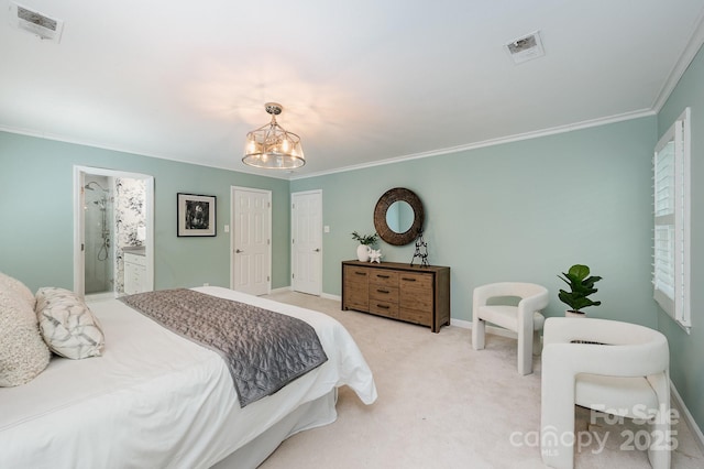 bedroom with visible vents, a chandelier, ornamental molding, and light colored carpet