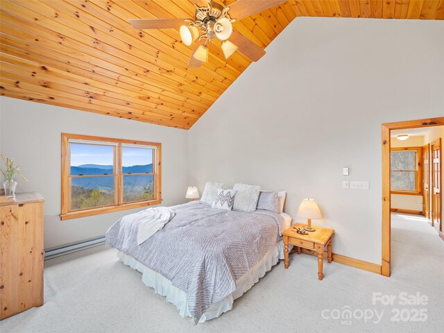 carpeted bedroom with baseboard heating, wood ceiling, ceiling fan, baseboards, and lofted ceiling