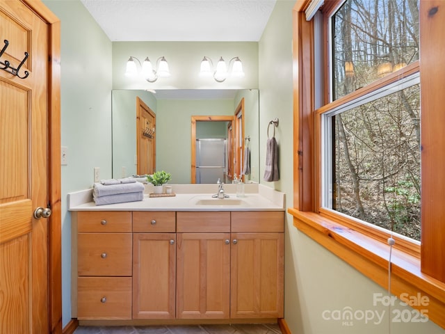 bathroom featuring baseboards, vanity, and a healthy amount of sunlight