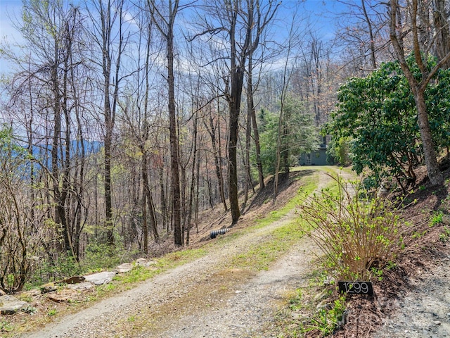 view of road with driveway and a wooded view