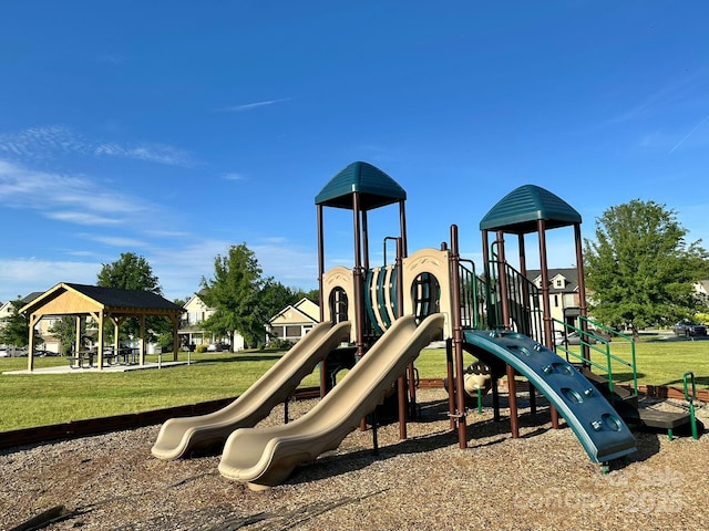community playground with a yard and a gazebo