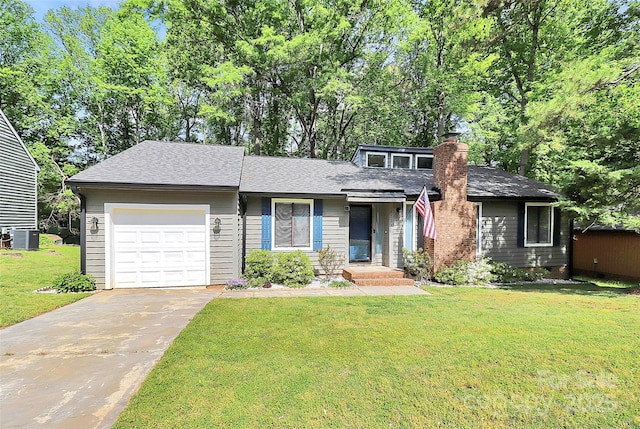 6712 Santa Maria Ln, Charlotte, NC 28227 - view of front of house with driveway, a chimney, roof with shingles, a front yard, and an attached garage