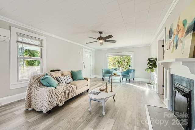 828 Richard Ave, Kannapolis, NC 28081 - living area featuring ceiling fan, light wood-style flooring, a wall mounted AC, and a premium fireplace