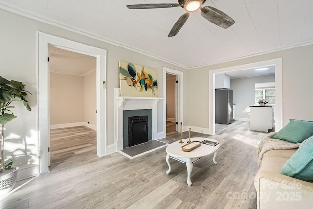 828 Richard Ave, Kannapolis, NC 28081 - living area featuring a ceiling fan, ornamental molding, light wood-style floors, and a fireplace with raised hearth