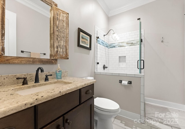 full bath featuring a shower stall, toilet, ornamental molding, tile patterned floors, and vanity