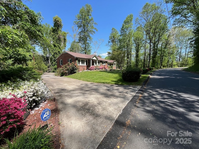 view of front of house with driveway and a front lawn