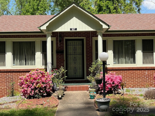 view of exterior entry with covered porch, brick siding, and a shingled roof
