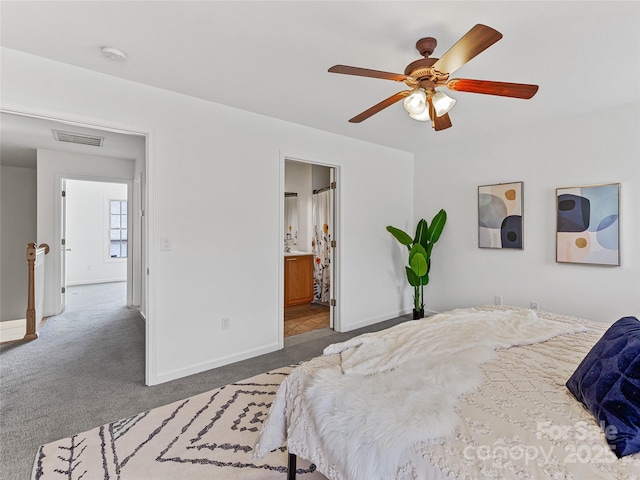 bedroom with carpet flooring, baseboards, ceiling fan, and visible vents