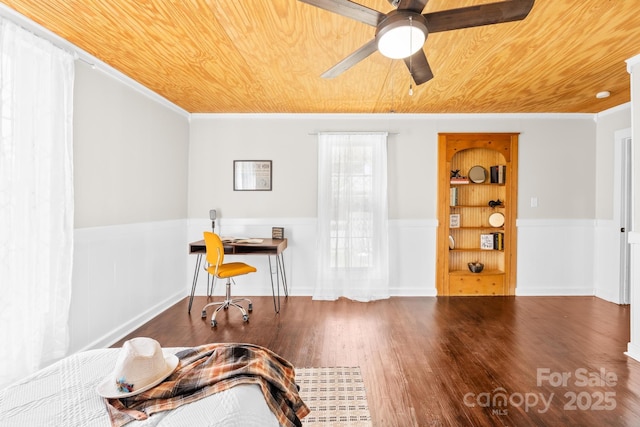 406 S Gaston St, Dallas, NC 28034 - living area featuring wainscoting, built in shelves, wood finished floors, ceiling fan, and wooden ceiling