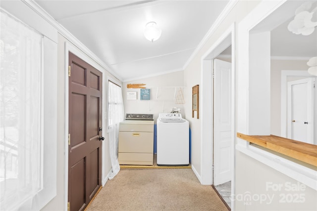 406 S Gaston St, Dallas, NC 28034 - laundry area featuring washing machine and clothes dryer, crown molding, and light carpet