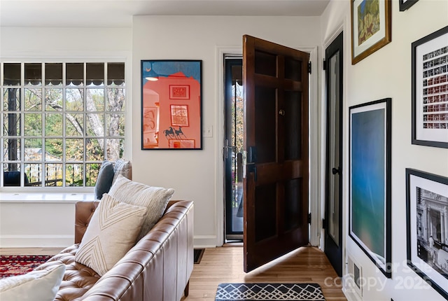 foyer entrance with plenty of natural light, wood finished floors, and baseboards