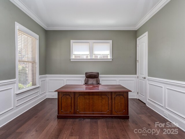 office featuring crown molding, wainscoting, and dark wood finished floors