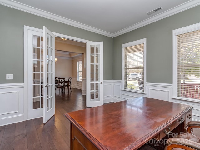 office area featuring a wainscoted wall, crown molding, french doors, and visible vents