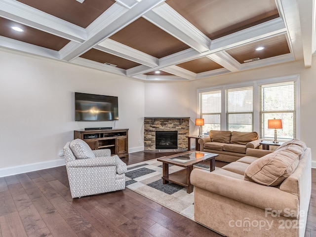 living room with dark wood finished floors, baseboards, visible vents, coffered ceiling, and beamed ceiling