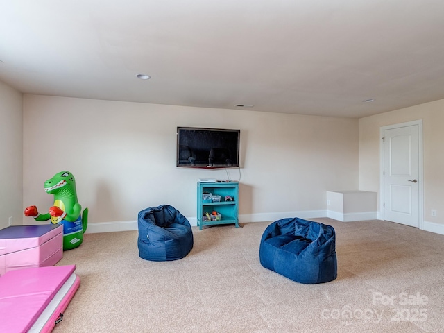 interior space with recessed lighting, carpet flooring, and baseboards