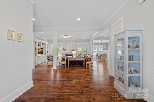 309 Catawba Ave, Davidson, NC 28036 - foyer featuring a fireplace, crown molding, wood finished floors, baseboards, and recessed lighting