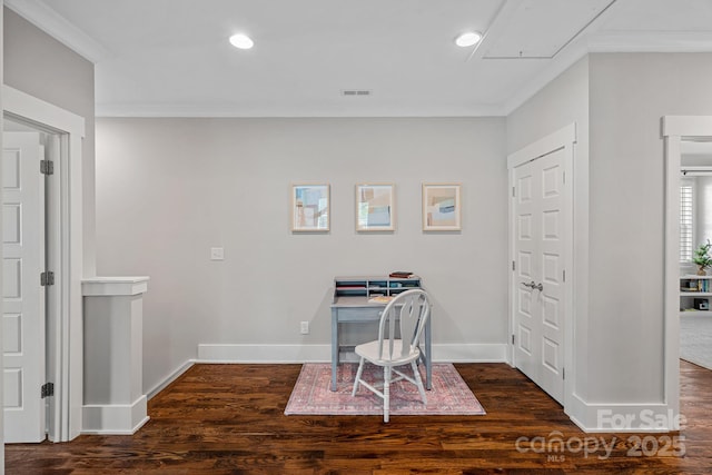 309 Catawba Ave, Davidson, NC 28036 - home office with attic access, ornamental molding, wood finished floors, baseboards, and recessed lighting