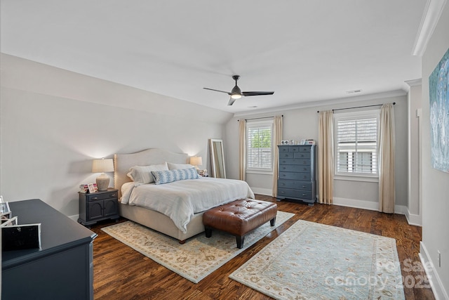 309 Catawba Ave, Davidson, NC 28036 - bedroom featuring baseboards, dark wood finished floors, ceiling fan, ornamental molding, and vaulted ceiling