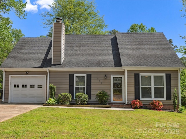 view of front facade with concrete driveway, an attached garage, a chimney, and a front lawn