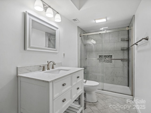 full bath with vanity, visible vents, marble finish floor, toilet, and a stall shower